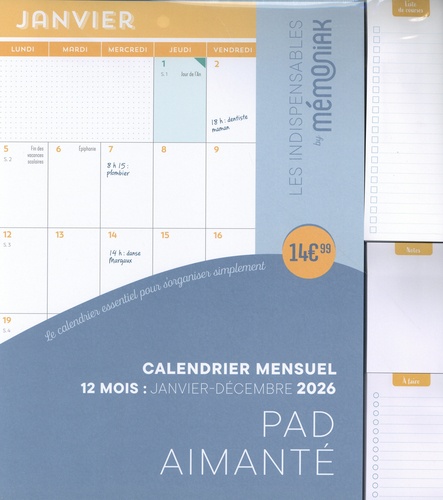 Calendrier mensuel pad aimanté. Avec 1 stylo 4 couleurs, Edition 2026