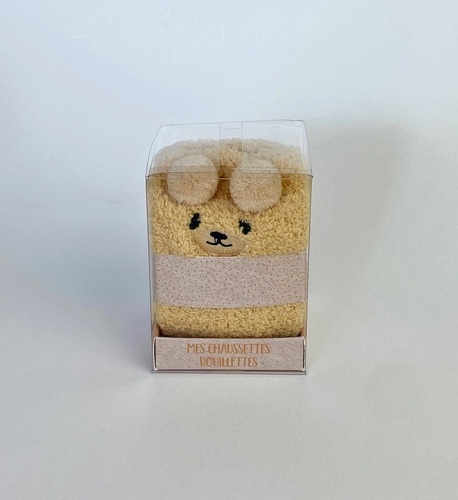 Chaussettes douillettes Ours miel. Ce coffret contient : 1 paire de chaussettes taille unique et 1 p