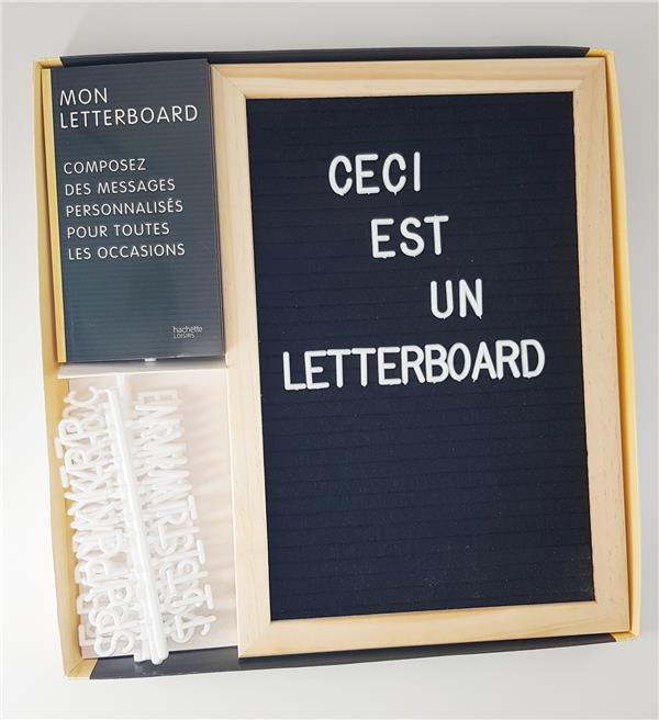 Coffret Letterboard. Contient : 1 tableau, 140 lettres, chiffres et symboles, 1 livre