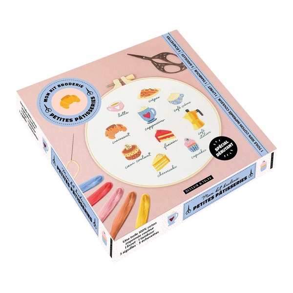 Mon kit broderie Petites pâtisseries. Coffret spécial débutant avec 1 livret explicatif, 1 toile à b